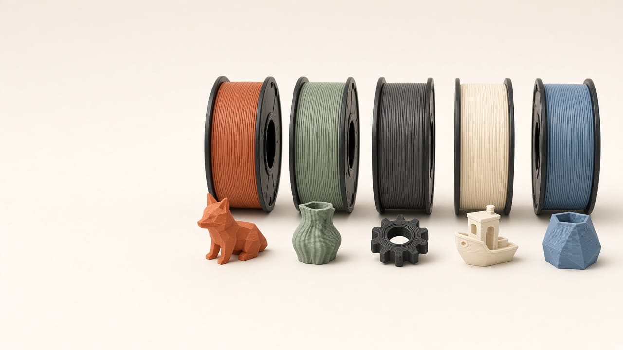 Five filament spools and the models printed from them, arranged on a warm off-white surface