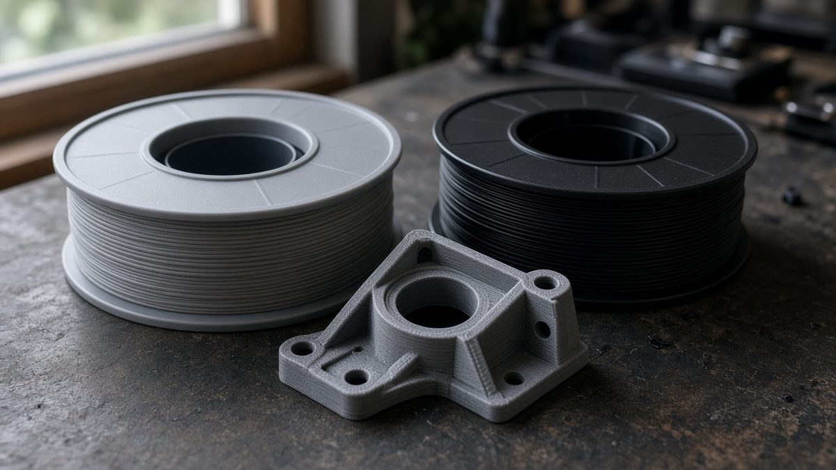 Grey and black ABS filament spools on a dark workshop table with a grey 3D printed mounting bracket with screw holes.