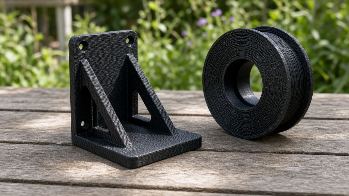 A black 3D printed angled garden bracket and a black filament spool on an outdoor wooden table with green plants behind.
