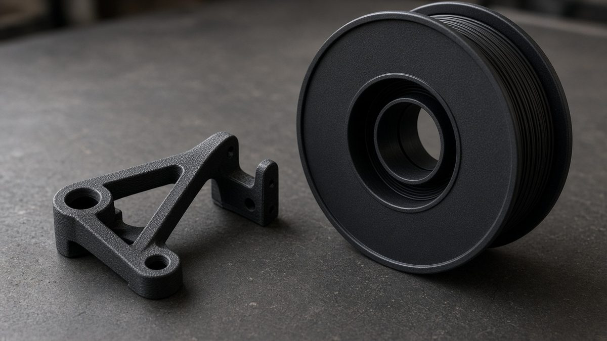A matte black 3D printed triangular bracket beside a black filament spool on a dark grey surface.