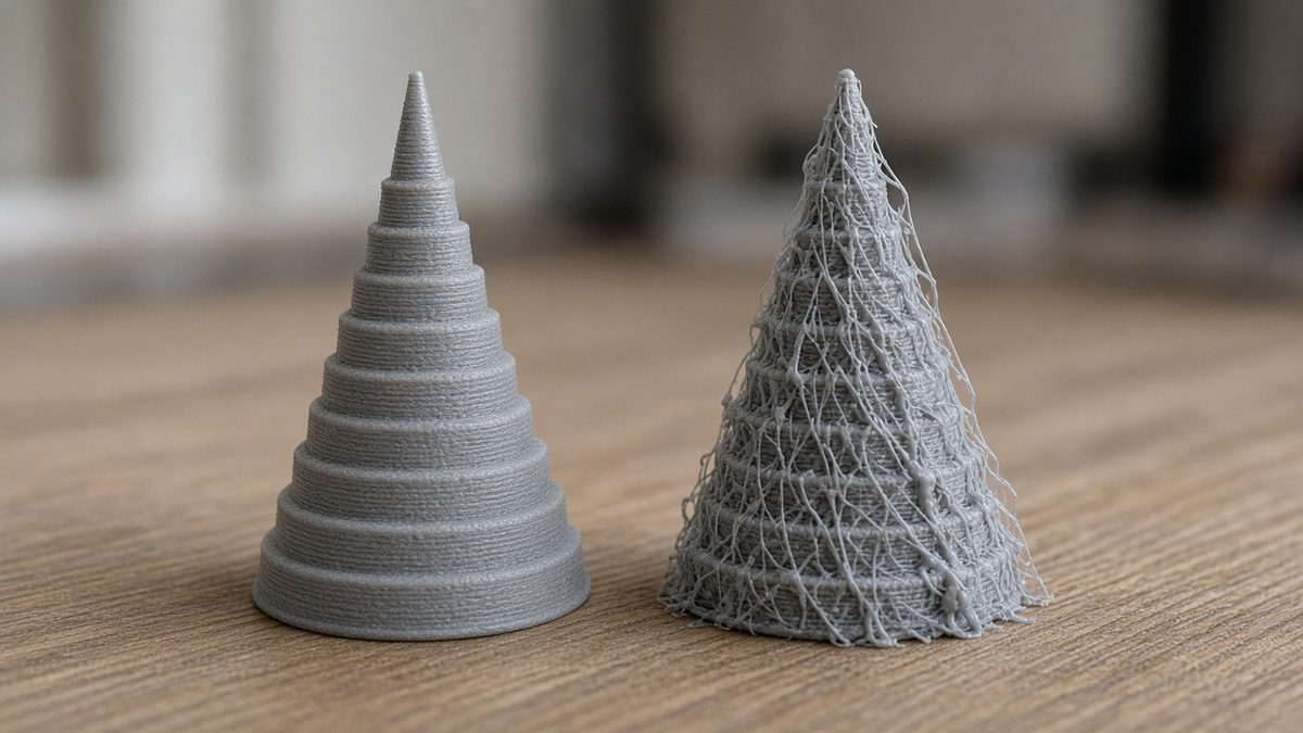 Two small grey 3D printed cones side by side: the left one clean and smooth, the right one covered in thin stringing strands.
