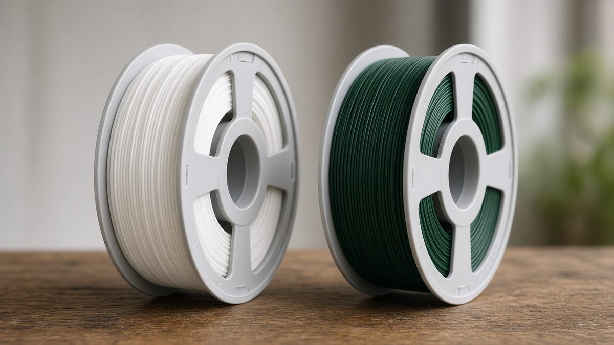 Two filament spools side by side on a wooden table, one white and one dark green.