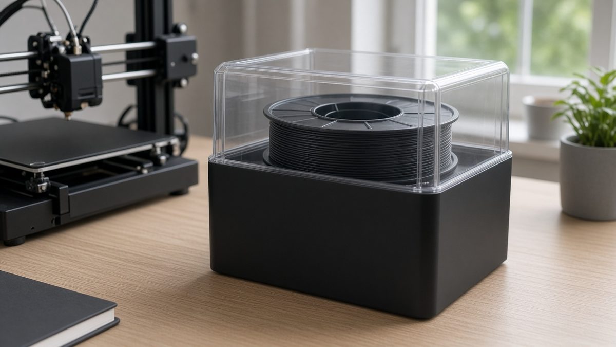 A closed filament dryer box with a clear lid showing a spool inside, on a desk next to a desktop 3D printer.