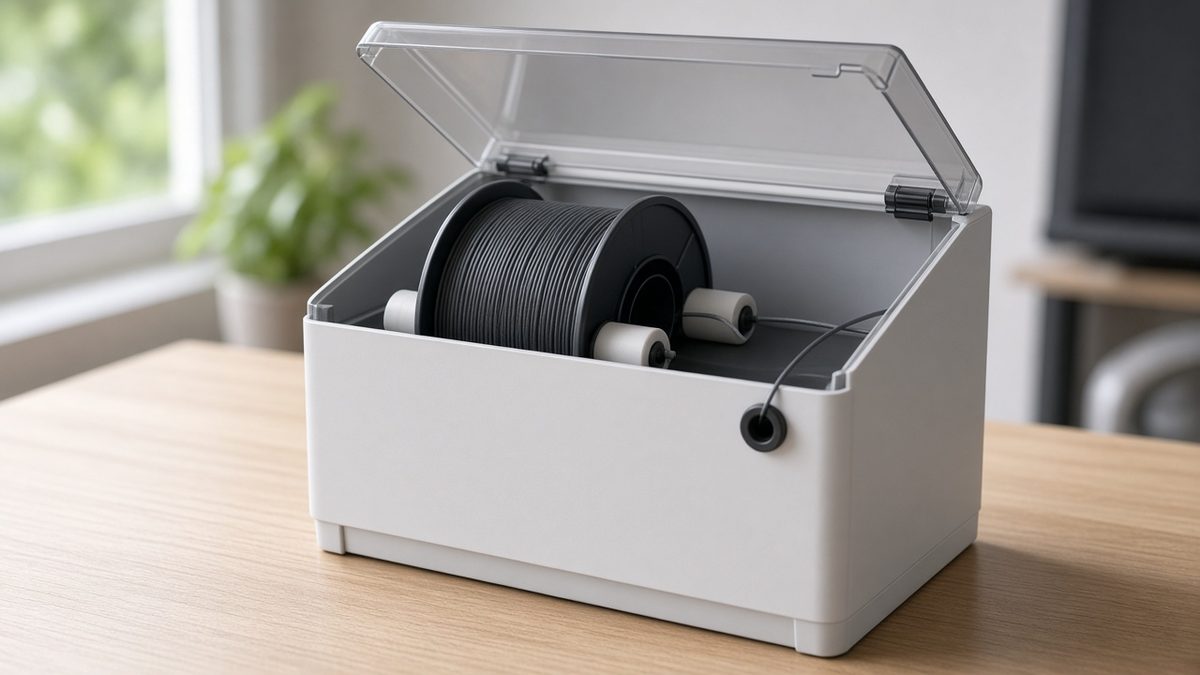 An open plain white filament dryer box with its clear lid raised, showing a spool of dark filament on rollers inside.