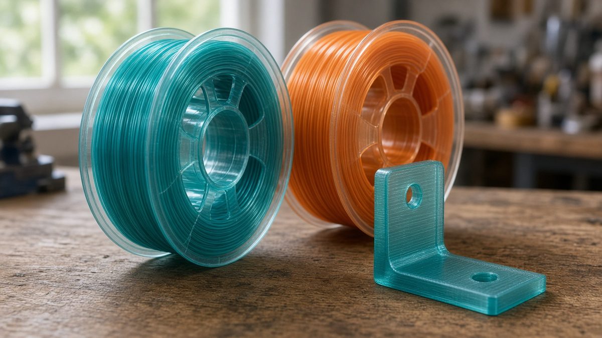 Translucent teal and orange PETG filament spools on a workbench beside a teal 3D printed L-shaped bracket.