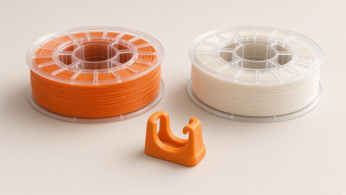 Orange and ivory PLA+ spools with a small orange printed part