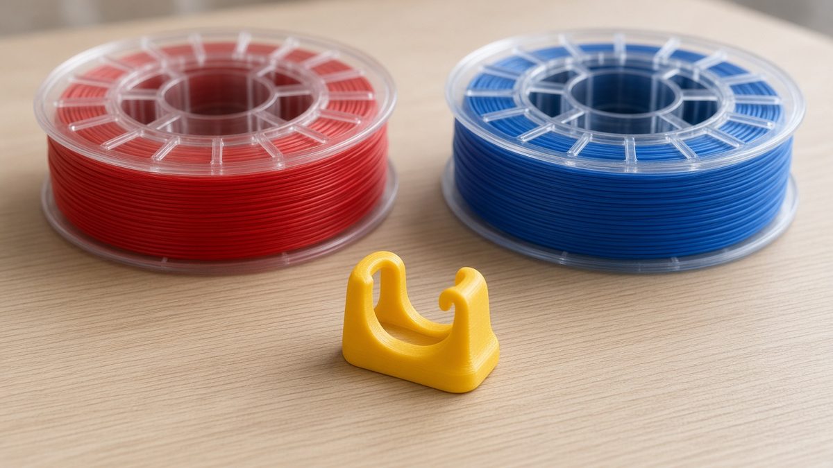 Red and blue spools of PLA filament on a light wooden desk with a small yellow 3D printed cable clip in front.