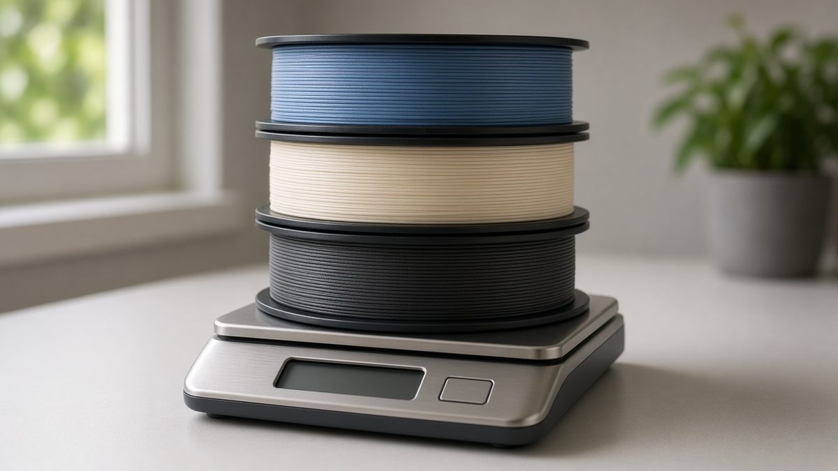 Three stacked filament spools in blue, cream and black on a small digital kitchen scale.