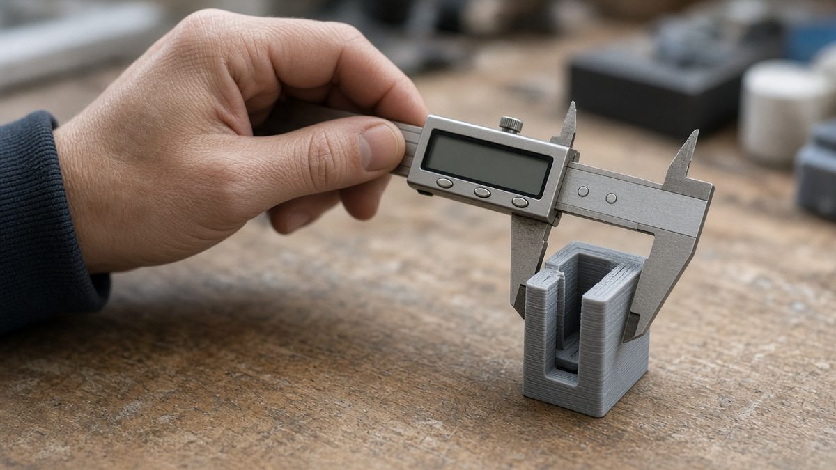 A hand holding digital calipers to measure the width of a small grey 3D printed part on a workbench.