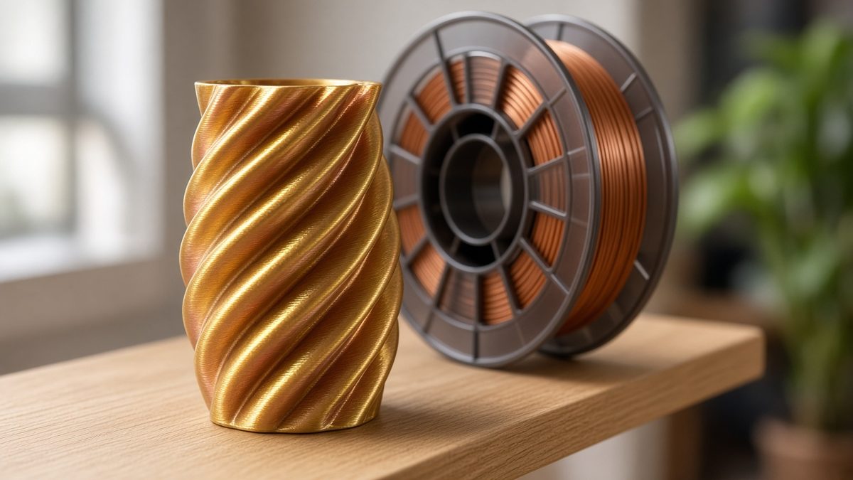 A gold and copper shiny twisted 3D printed vase on a wooden shelf with a copper-colored filament spool behind it.