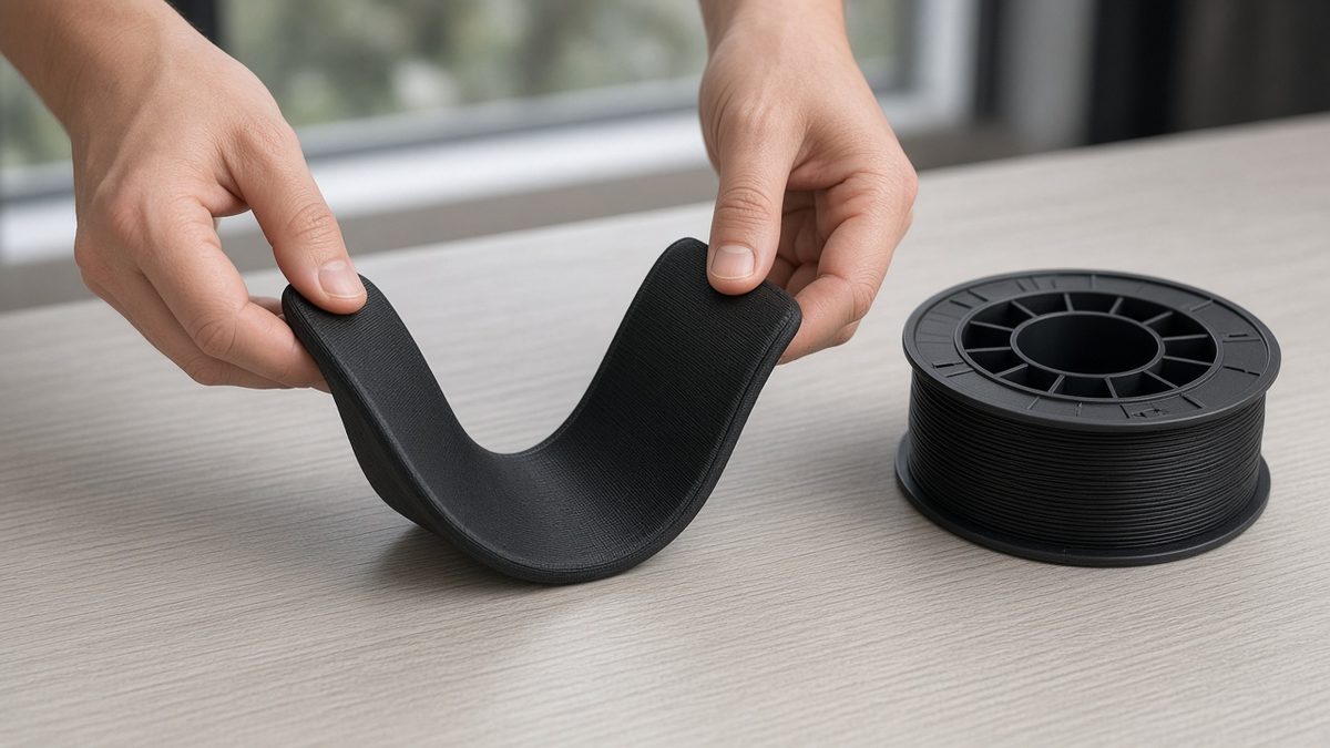 Two hands bending a flexible black TPU printed sleeve, with a black filament spool beside it on a desk.